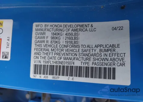 2022 Honda Civic Sport Touring from USA, damaged, VIN 19XFL1H83NE015074
